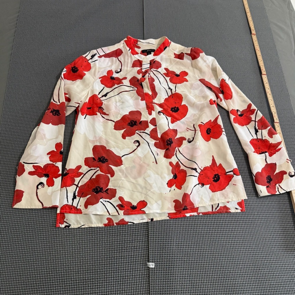 J.Crew Womens Small Red Poppy Floral Band Collar Long Sleeve Blouse Top